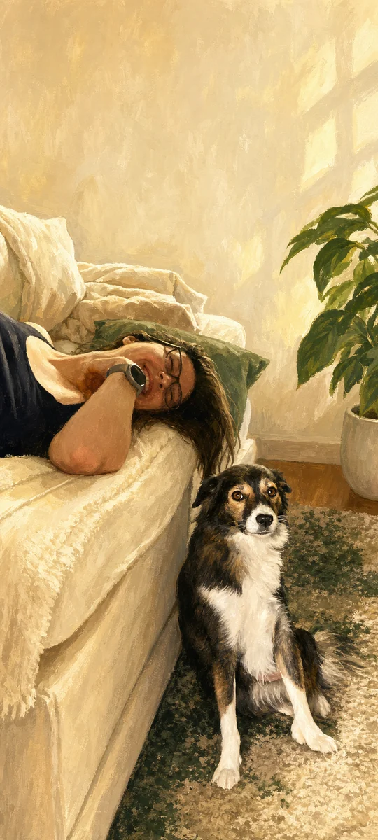 Gemaltes Handy-Wallpaper mit Joelle auf dem Bett und Mila davor