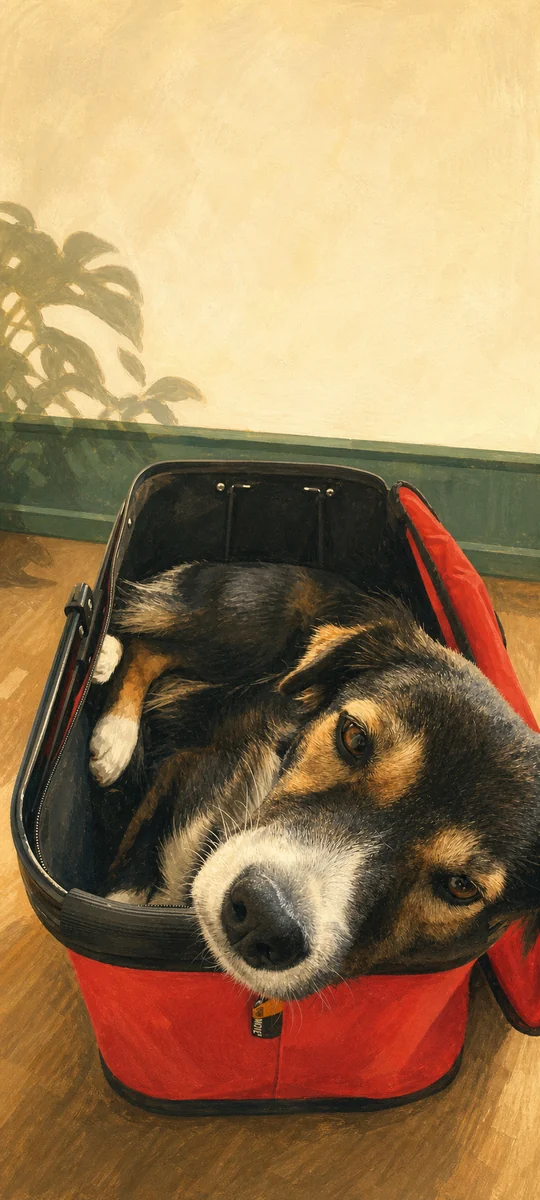 Mila liegt gemalt in einer roten Reisetasche