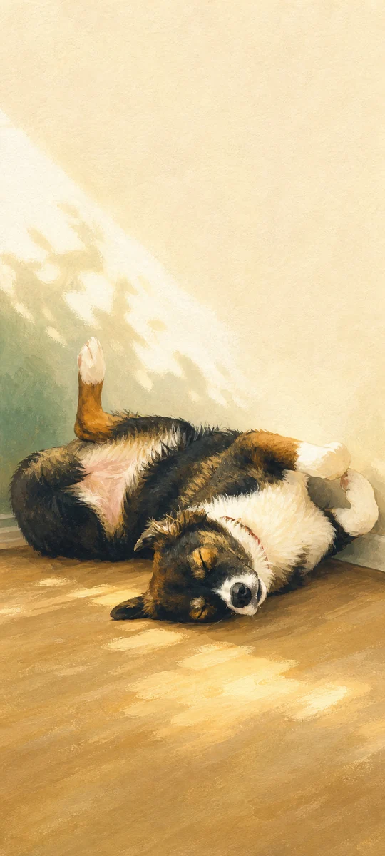Gemaltes Handy-Wallpaper mit Mila in ihrer lustigen Schlafposition